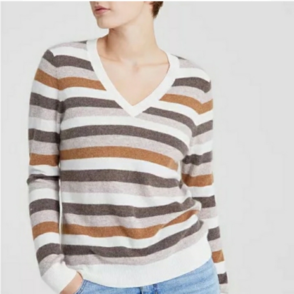 Charter Club 100% Cashmere Sz Medium Striped V-Neck Brown Gray and Cream Sweater